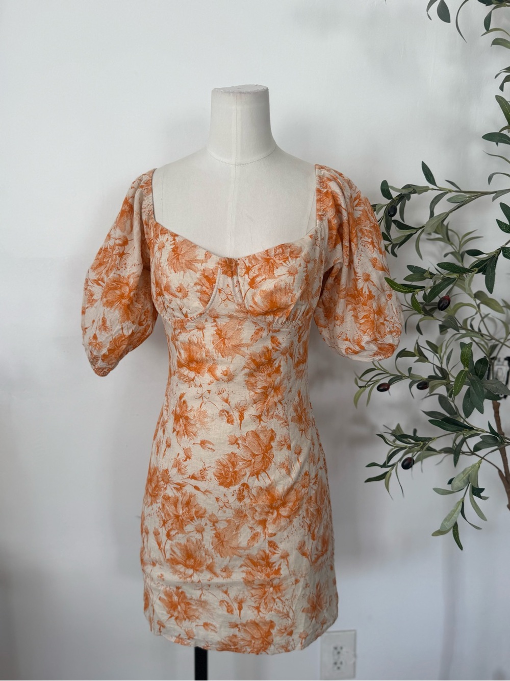 ACOA Floral Linen Blend Puff Sleeve Mini Dress Size M Orange Cottagecore
